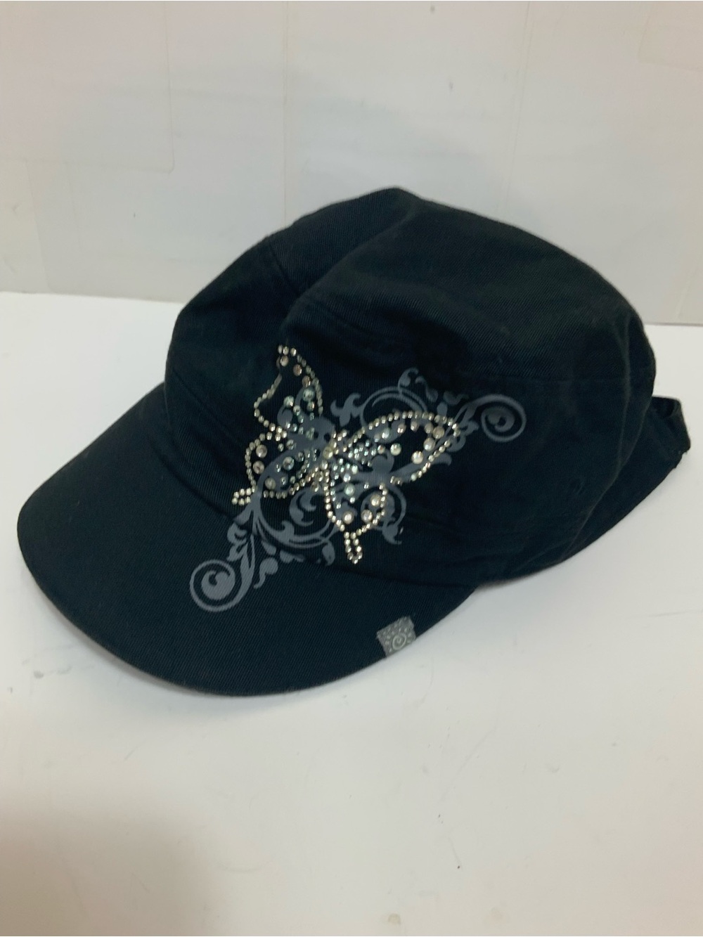 Del Sol Black Cadet Military Hat Women One Size Cotton Rhinestone Butterfly - Picture 2 of 6